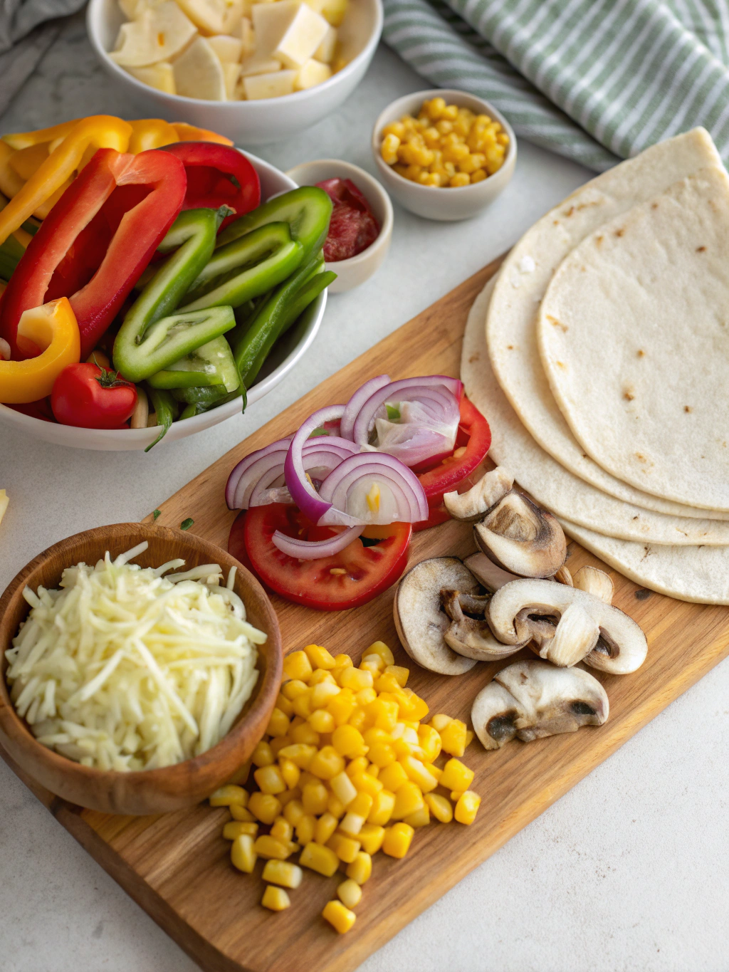 Vegetarian Quesadillas ingredients - colorful, fresh produce and pantry staples in a rustic kitchen